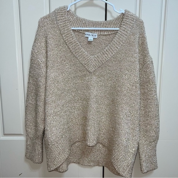 Ava & Viv Khaki and Sparkly Gold Tinsel V-Neck Very Soft Sweater Size X/14W - Picture 12 of 12
